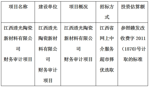 江西透光陶瓷新材料有限公司財(cái)務(wù)審計(jì)項(xiàng)目財(cái)務(wù)審計(jì)項(xiàng)目計(jì)劃公告