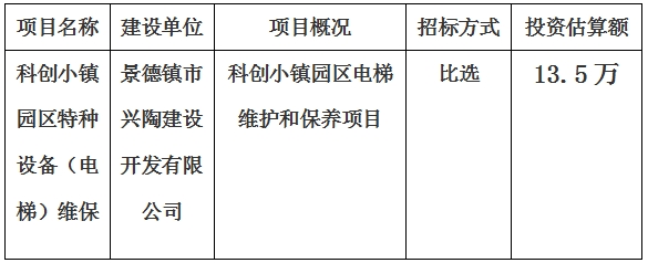 科創(chuàng)小鎮(zhèn)園區(qū)特種設備（電梯）維保計劃公告